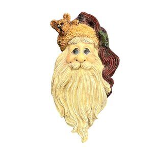 Vintage Santa Claus Brooch Teddy Bear Hat Hand-Painted Christmas Pin